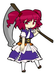 Rule 34 | coin, coin on string, hair ornament, highres, holding, holding weapon, onozuka komachi, pink hair, red eyes, scythe, touhou, ume (noraneko), weapon