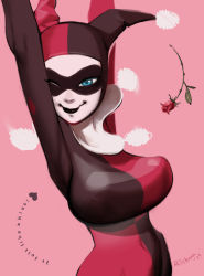 Rule 34 | 1girl, animification, arms up, batman (series), black bodysuit, blue eyes, bodysuit, breasts, dc comics, domino mask, english text, female focus, flower, harley quinn, hat, jester cap, large breasts, mask, one eye closed, pink background, ricken, rose, signature, simple background, smile, solo, wink