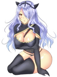 Rule 34 | 1girl, between breasts, black legwear, blush, breasts, cleavage, cleavage cutout, clothing cutout, curvy, fire emblem, gloves, large breasts, long hair, looking at viewer, nintendo, noeomi, open mouth, purple hair, red eyes, simple background, sitting, solo, wide hips