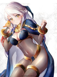 Rule 34 | 1girl, bird, bird on hand, black legwear, bloom, blue cape, bodystocking, bodysuit, breasts, bridal gauntlets, cape, clear glass (mildmild1311), cleavage, covered navel, cowboy shot, dark mage (fire emblem awakening), fire emblem, fire emblem: radiant dawn, fire emblem awakening, hair ribbon, half updo, highres, long hair, medium breasts, micaiah (fire emblem), nintendo, official alternate costume, ribbon, shiny clothes, silver hair, smile, solo, twitter username, white background, yellow eyes, yune (fire emblem)