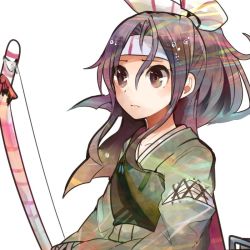 Rule 34 | 10s, 1girl, bad id, bad twitter id, bow (weapon), brown eyes, brown hair, camouflage, flat chest, hachimaki, hair ribbon, headband, high ponytail, itomugi-kun, japanese clothes, kantai collection, light brown hair, long hair, long sleeves, muneate, ponytail, quiver, ribbon, solo, weapon, zuihou (kancolle)
