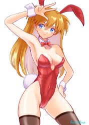 Rule 34 | animal ears, bacillus, blue eyes, bow, bowtie, breasts, brown hair, brown thighhighs, contrapposto, cowboy shot, detached collar, leotard, medium breasts, neon genesis evangelion, playboy bunny, rabbit ears, rabbit tail, red bow, red bowtie, red leotard, souryuu asuka langley, standing, tail, thighhighs, two side up, v, wrist cuffs