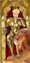 Rule 34 | 1boy, armor, astarone, blonde hair, fate/stay night, fate (series), gilgamesh (fate), gold, hair slicked back, lion, male focus, red eyes, sitting, solo, throne