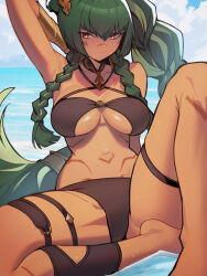 Rule 34 | 1girl, arm up, armpits, bikini, black bikini, braid, braided ponytail, breasts, brown eyes, closed mouth, cloud, commentary, dark-skinned female, dark skin, day, distr, english commentary, granblue fantasy, green eyes, hair ornament, highres, horus (granblue fantasy), large breasts, long hair, looking at viewer, navel, ocean, outdoors, sitting, solo, stomach, swimsuit, thigh strap, very long hair, water, wet