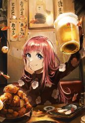 Rule 34 | 1girl, alcohol, bayashiko, beer, blue eyes, bowl, brown sweater, closed mouth, commentary request, cup, dog, drinking glass, fish, food, food request, goldfish, hand on own face, highres, holding, holding cup, holding drinking glass, indoors, long sleeves, looking at viewer, original, pink hair, portrait (object), smile, solo, sweater