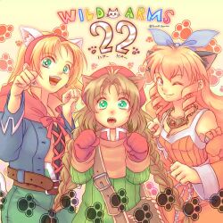 Rule 34 | 3girls, animal ears, belt, blonde hair, braid, breasts, brown hair, cecilia lynne adelhyde, closed mouth, dress, earrings, gloves, green eyes, hairband, hat, jacket, jane maxwell, jewelry, long hair, looking at viewer, mariel (wild arms), medium breasts, multiple girls, one eye closed, open mouth, short hair, skirt, small breasts, smile, twin braids, wild arms, wild arms 1, yamaki ayumu