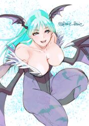 1girl animal_print bare_shoulders bat_print black_leotard breasts capcom cleavage collarbone darkstalkers demon_girl green_eyes green_hair head_wings large_breasts leotard long_hair morrigan_aensland pantyhose purple_pantyhose rosie_rosie smile solo strapless strapless_leotard wings