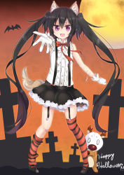 Rule 34 | 1girl, :d, absurdres, amano kouki, animal costume, animal ears, antlers, bat (animal), black hair, black skirt, cross, fake animal ears, fake tail, fang, full moon, garter straps, gloves, halloween, halloween costume, happy halloween, highres, horns, jewelry, kemonomimi mode, latin cross, long hair, looking at viewer, moon, note-chan, open mouth, original, outstretched arm, purple eyes, reindeer antlers, reindeer costume, revision, ribbon, skirt, sleeveless, smile, solo, striped clothes, striped thighhighs, suspenders, tail, thighhighs, twintails, very long hair, white gloves