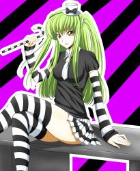 Rule 34 | 1girl, bad id, bad pixiv id, bow, breasts, c.c., candy, candy cane, cane, ccllsaikou, code geass, crossed legs, detached sleeves, female focus, food, green hair, hair ornament, hat, long hair, looking at viewer, mini hat, mini top hat, miniskirt, necktie, patterned legwear, pleated skirt, ponytail, side ponytail, sitting, skirt, sleeves past wrists, solo, straight hair, striped clothes, striped thighhighs, sweets, thighhighs, top hat, twintails, two-tone stripes, yellow eyes, zettai ryouiki