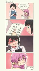 Rule 34 | 2girls, 4koma, :3, apron, asymmetrical bangs, black hair, blue apron, closed mouth, collared shirt, comic, commentary, empty eyes, english commentary, english text, green eyes, hair between eyes, hair ornament, hair scrunchie, half-closed eyes, highres, holding, holding pen, long sleeves, looking at another, looking back, looking down, low twintails, medium hair, meme, menu, multiple girls, open mouth, original, outline, pas (paxiti), pen, pink eyes, pink hair, ponytail, scrunchie, shaded face, shirt, short hair, short sleeves, sidelocks, sitting, smile, smug, speech bubble, squinting, standing, sweatdrop, talking, twintails, twitter username, white outline, white shirt, yellow scrunchie, yellow shirt