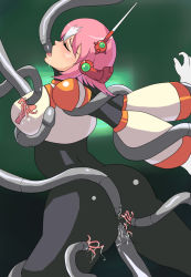 Rule 34 | 1girl, 77, ass, blush, bodysuit, capcom, drooling, closed eyes, fellatio, licking, nana (mega man x: command mission), oral, pink hair, restrained, mega man (series), mega man x (series), mega man x: command mission, saliva, solo, tentacles, through clothes, tongue, tongue out