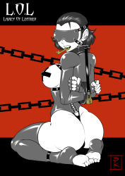 Rule 34 | 1girl, absurdres, arms behind back, ass, bdsm, blindfold, blunt-katana, bondage, bound, bound wrists, box tie, breastless clothes, breasts, breasts out, collar, commentary, covered eyes, ear piercing, english commentary, covered erect nipples, fingerless gloves, from behind, gloves, greyscale, harness, highres, key, large breasts, latex, leotard, limited palette, lock, looking back, monochrome, monochrome, mouth hold, no shoes, original, padlock, pasties, piercing, red background, short hair, simple background, sitting, skin tight, slave, soles, solo, thick thighs, thighhighs, thighs, thong leotard, toeless legwear, toes, wariza