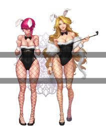 Rule 34 | 2girls, animal ears, bare shoulders, black bow, black bowtie, black footwear, black legwear, black leotard, black nails, blonde hair, blue eyes, blush, bow, bowtie, breasts, cleavage, clenched hands, closed mouth, collarbone, contrapposto, covered navel, detached collar, fake animal ears, fingernails, fishnet pantyhose, fishnets, full body, fur trim, green eyes, groin, hands up, high heels, highleg, highleg leotard, highres, holding, holding smoking pipe, kiseru, large breasts, leotard, lips, lipstick, long fingernails, long hair, looking at viewer, makeup, manjji, multiple girls, nail polish, original, pantyhose, pink hair, playboy bunny, pout, pouty lips, rabbit ears, red lips, shoes, short hair, sidelocks, smile, smoking pipe, standing, strapless, strapless leotard, very long hair, wrist cuffs