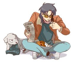 Rule 34 | 1boy, :t, beanie, black hair, blue footwear, blue pants, bomber jacket, brown jacket, closed mouth, commentary request, curry, curry rice, denim, dog, eating, food, full body, glasses, grey hat, grey shirt, hat, holding, holding newspaper, indian style, inudori, itou kaiji, jacket, jeans, kaiji, long hair, male focus, medium bangs, newspaper, open clothes, open jacket, pants, parted bangs, rice, rolled up newspaper, scar, scar on hand, shirt, shoes, simple background, sitting, sneakers, solo, t-shirt, tinted eyewear, unworn hat, unworn headwear, utensil in mouth, white background, yellow-tinted eyewear