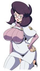 Rule 34 | 1girl, big hair, breasts, buttons, capelet, creatures (company), cropped legs, game freak, glasses, green eyes, hand on own hip, koutarosu, large breasts, long sleeves, nintendo, pink-framed eyewear, pink sweater, pokemon, pokemon sm, purple hair, ribbed sweater, skirt, solo, sweater, thighhighs, turtleneck, turtleneck sweater, white capelet, white skirt, white thighhighs, wicke (pokemon)
