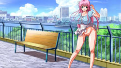 Rule 34 | 1girl, absurdres, akane (cgbox), bare legs, bench, blue eyes, breasts, cloud, contrapposto, curvy, facing viewer, feet out of frame, female pubic hair, highres, huge breasts, impossible clothes, impossible shirt, lala satalin deviluke, large breasts, layered skirt, looking to the side, miniskirt, no panties, outdoors, park bench, pink hair, pubic hair, public indecency, puffy short sleeves, puffy sleeves, pussy, railing, running bond, shirt, short sleeves, skirt, sky, solo, standing, tagme, to love-ru, tree, uncensored, wind, wind lift