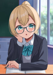 Rule 34 | 1girl, 9696k, absurdres, bespectacled, blonde hair, blue eyes, blush, classroom, collared shirt, desk, glasses, green-framed eyewear, highres, hololive, indoors, kazama iroha, long sleeves, looking at viewer, mechanical pencil, notebook, parted lips, pencil, ponytail, shirt, sitting, solo, virtual youtuber, white shirt