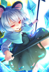 Rule 34 | 1girl, animal ears, artist name, bad id, bad pixiv id, black skirt, black vest, blue capelet, capelet, commentary request, crystal, dowsing rod, feet out of frame, grey hair, holding, jewelry, long sleeves, mouse ears, nazrin, nnyara, open mouth, pendant, red eyes, shirt, short hair, skirt, solo, thighs, touhou, twitter username, vest, white shirt