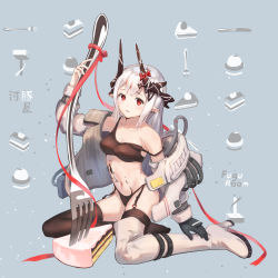 Rule 34 | 1girl, absurdres, arknights, bare shoulders, black panties, black thighhighs, boots, bow, breasts, cake, cleavage, commentary request, food, fork, garter straps, grey background, high heel boots, high heels, highres, horn bow, horn ornament, horns, long hair, looking at viewer, medium breasts, miaodun nyasu, mudrock (arknights), mudrock (elite ii) (arknights), navel, off shoulder, panties, parted lips, pointy ears, red bow, red eyes, silver hair, single boot, solo, sports bra, stomach, strap slip, thigh boots, thighhighs, thighs, underwear, white footwear