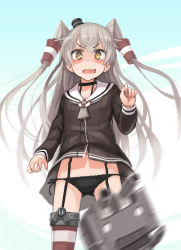 Rule 34 | 10s, 1girl, amatsukaze (kancolle), black panties, blush, clothes lift, dress, dress lift, fang, garter straps, hat, kantai collection, lace, lace-trimmed panties, lace trim, lif (lif &amp; ref), long hair, mini hat, motion blur, no pants, open mouth, panties, rensouhou-chan, rensouhou-kun, sailor dress, shaded face, shirt, short dress, side-tie panties, silver hair, solo, striped clothes, striped thighhighs, tears, thighhighs, underwear, very long hair, wind, wind lift, yellow eyes