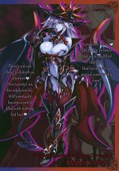 Rule 34 | 1girl, alternate costume, belt bra, black sclera, blue skin, blush, breast tattoo, breasts, cape, character name, cleavage, colored sclera, colored skin, corruption, dark persona, demon (monster girl encyclopedia), demon girl, demon olivie, english text, female focus, full body, garter belt, garter straps, grey hair, hat, heart, heart tattoo, highres, horns, kenkou cross, large breasts, lingerie, low wings, military, monster girl, monster girl encyclopedia, monster girl encyclopedia ii, monster girl encyclopedia world guide side ii: salvarision: the fallen knights of lescatie, multicolored hair, naughty face, navel, official art, olivie amaltia, pale skin, purple hair, red eyes, revealing clothes, ribbon, ribbon bra, slit pupils, tail, tattoo, transformation, two-tone hair, underwear, veins, veiny tail, wings, zoom layer