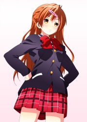 Rule 34 | 1girl, black jacket, blush, bow, breasts, brown eyes, brown hair, chuunibyou demo koi ga shitai!, commentary request, dot nose, from below, frown, hair between eyes, hair ornament, hairclip, hands on own hips, jacket, long hair, medium breasts, nibutani shinka, plaid, plaid skirt, pleated skirt, red bow, red neckwear, school uniform, simple background, skirt, solo, spiceg, standing, white background