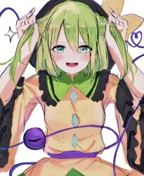 Rule 34 | 1girl, alternate eye color, black hat, blue eyes, blush, bow, breasts, buttons, collared shirt, diamond button, fingernails, frills, green hair, green skirt, hair between eyes, hat, hat bow, heart, heart of string, highres, komeiji koishi, koroyarou, long sleeves, looking at viewer, medium breasts, open mouth, shirt, short hair, simple background, skirt, smile, solo, standing, star (symbol), teeth, third eye, tongue, touhou, twintails, v-shaped eyebrows, white background, wide sleeves, wing collar, yellow bow, yellow shirt