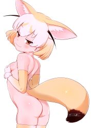Rule 34 | 1girl, :3, absurdres, animal ears, ass, blonde hair, blush, breasts, commentary, covering privates, covering breasts, elbow gloves, extra ears, fennec (kemono friends), fox ears, fox tail, from side, fur trim, gloves, highres, kemono friends, kemono friends 2, kemono friends 3, looking at viewer, masuyama ryou, multicolored hair, nude, orange eyes, short hair, skindentation, small breasts, smile, smug, solo, tail, thighhighs, white hair
