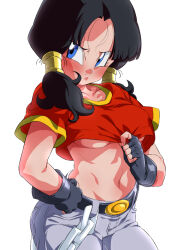 Rule 34 | 1girl, belt, black hair, blue eyes, blush, breasts, closed mouth, cosplay, denim, dragon ball, dragon ball gt, dragonball z, fingerless gloves, gloves, jeans, long hair, looking at viewer, medium breasts, midriff, navel, pan (dragon ball), pants, rom (20), shirt, simple background, solo, twintails, underboob, videl, white background