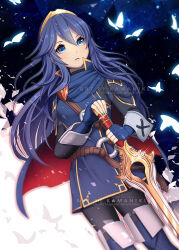 Rule 34 | belt, blue eyes, blue hair, boots, bug, butterfly, cape, dot nose, eyebrows, eyelashes, fire emblem, fire emblem awakening, fire emblem engage, holding, holding sword, holding weapon, insect, kamaniki, looking away, lucina (fire emblem), matching hair/eyes, nintendo, sword, tagme, thighhighs, watermark, weapon