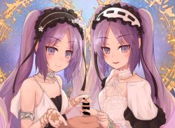 Rule 34 | 1boy, 2girls, armlet, bare shoulders, blush, bracelet, breasts, collarbone, cooperative handjob, dress, euryale (fate), euryale (third ascension) (fate), fate/hollow ataraxia, fate (series), ffm threesome, frilled hairband, frills, group sex, hairband, halo, handjob, jewelry, long hair, looking at viewer, lypele, multiple girls, neck ring, open mouth, parted bangs, penis, purple eyes, purple hair, ring, siblings, sidelocks, sisters, small breasts, smile, stheno (fate), stheno (third ascension) (fate), threesome, twintails, very long hair, white dress