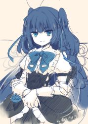 Rule 34 | 1girl, antenna hair, antennae, artist name, bags under eyes, blue bow, blue eyes, blue flower, blue hair, blue ribbon, blue rose, bow, cowboy shot, dress, flat chest, flat color, flower, frilled dress, frills, gloves, gothic lolita, hair ribbon, light smile, lolita fashion, long hair, long sleeves, looking at viewer, matching hair/eyes, ole tower, own hands together, pale skin, puffy long sleeves, puffy sleeves, ribbon, rose, signature, simple background, sketch, smile, solo, tank truck (ole tower), traditional media, twintails, two side up, very long hair, white gloves, wings, yuzuki gao