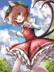 Rule 34 | 1girl, :d, animal ear fluff, animal ears, animal print, arms up, blue sky, bow, bowtie, brown eyes, brown hair, cat ears, cat print, cat tail, chen, claw pose, cloud, commentary, cropped legs, day, earrings, eyes visible through hair, feet out of frame, fingernails, from below, from side, green hat, hair between eyes, hat, highres, jewelry, juliet sleeves, kayon (touzoku), long sleeves, looking at viewer, mob cap, multiple tails, nail polish, open mouth, outdoors, paw print, paw print pattern, petticoat, puffy sleeves, red eyes, red nails, red skirt, red vest, sharp fingernails, shirt, short hair, single earring, skirt, sky, slit pupils, smile, solo, standing, tail, topiary, touhou, vest, white bow, white bowtie, white shirt