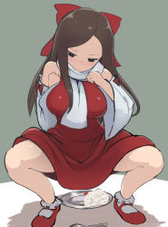Rule 34 | 1girl, bare shoulders, black eyes, blush, bow, breasts, brown hair, closed mouth, commentary request, cookie (touhou), curry, curry rice, detached sleeves, food, full body, grey background, hair bow, hakurei reimu, large breasts, long hair, long sleeves, mary janes, nose blush, onakon 3-nichi-me, plate, red bow, red footwear, rice, scarf, shadow, shiromiya rei, shoes, sidelocks, socks, solo, spoon, squatting, swept bangs, touhou, white scarf, white socks, wide sleeves