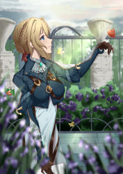 Rule 34 | 1girl, absurdres, arm up, blonde hair, blue eyes, blue jacket, braid, breasts, brooch, brown gloves, bug, bush, butterfly, dress, flower, gengetsu aya, gloves, hair between eyes, hair intakes, hair ribbon, highres, holding, holding paper, insect, jacket, jewelry, leather, leather gloves, long hair, long sleeves, looking up, paper, parted lips, puffy long sleeves, puffy sleeves, red ribbon, ribbon, sidelocks, skirt, sky, smile, solo, standing, strap, violet evergarden, violet evergarden (series), white neckwear