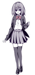 Rule 34 | 1girl, :d, blush, cardigan, dress shirt, full body, loafers, long sleeves, looking at viewer, monochrome, open cardigan, open clothes, open mouth, original, oryo (oryo04), school uniform, shirt, shoes, short hair, simple background, skirt, smile, solo, thighhighs, white background, zettai ryouiki