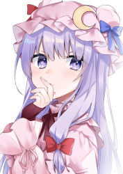 Rule 34 | 1girl, abe suke, absurdres, blush, bow, closed mouth, crescent, crescent pin, double bun, dress, eyebrows hidden by hair, hair between eyes, hair bow, hair bun, hand up, hat, highres, long hair, long sleeves, looking at viewer, mob cap, patchouli knowledge, pink dress, pink hat, puffy long sleeves, puffy sleeves, purple eyes, purple hair, red bow, simple background, sleeves past wrists, solo, touhou, upper body, v-shaped eyebrows, white background