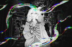 Rule 34 | 1boy, black background, breastless clothes, candle, collared shirt, doku kobuko, glitch, greyscale, hair between eyes, hair bun, highres, holding, holding candle, holostars, jacket, long hair, looking at viewer, low-tied long hair, male focus, minase rio, monochrome, open collar, parted lips, shirt, skeleton print, sleeves past wrists, solo, spot color, straight-on, upper body, virtual youtuber