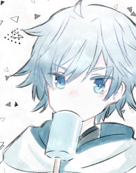 Rule 34 | 1boy, bad id, bad pixiv id, blue eyes, blue hair, blue hoodie, blue jacket, chongyun (genshin impact), collared shirt, commentary request, food, food in mouth, genshin impact, hair between eyes, hood, hoodie, jacket, male focus, matching hair/eyes, messy hair, mouth hold, no nose, popsicle, portrait, shirt, siberianlopp, solo, tsurime, white background