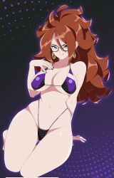 Rule 34 | 1girl, android 21, arm support, bikini, blue eyes, breasts, brown hair, curvy, dragon ball, earrings, female focus, full body, glasses, gluteal fold, highres, jewelry, large breasts, licking lips, long hair, looking at viewer, nail polish, navel, r3dfive, solo, swimsuit, tongue, tongue out