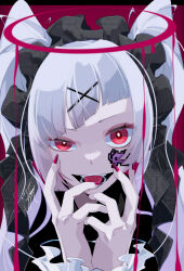 Rule 34 | 1girl, absurdres, fingernails, goma irasuto, goth fashion, gothic lolita, highres, lolita fashion, long hair, looking at viewer, nail polish, original, red eyes, signature, solo, space invaders, sticker, tongue, tongue out, twintails, white hair