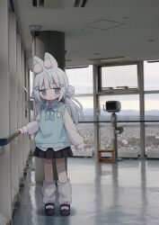 Rule 34 | 1girl, :o, animal ear fluff, animal ears, black footwear, black skirt, blue eyes, blush, collared shirt, commentary request, double bun, grey hair, hair bun, hair ornament, hairclip, highres, indoors, long hair, long sleeves, loose socks, low twintails, nakkar, original, parted lips, photo background, pleated skirt, puffy long sleeves, puffy sleeves, railing, shirt, shoes, skirt, sleeves past wrists, socks, solo, standing, sweater vest, twintails, twitter username, watermark, white shirt, white socks, window