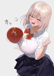 Rule 34 | 1girl, between breasts, black skirt, blonde hair, blue eyes, blush, bow, bowtie, bra visible through clothes, breasts, button gap, collared shirt, commentary request, grey background, hair ornament, hairclip, kaisen chuui, large breasts, long sleeves, looking at viewer, medium hair, open mouth, original, paddle, pleated skirt, red bow, red bowtie, school uniform, shirt, shirt tucked in, simple background, skirt, solo, table tennis paddle, white shirt