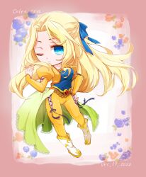 Rule 34 | 1girl, blonde hair, blue eyes, blue ribbon, blue shirt, boots, breasts, cape, celes chere, character name, closed mouth, commentary request, dated, final fantasy, final fantasy vi, floral background, flower, full body, ginshachi, green cape, hair ribbon, hand on own hip, hand up, highres, hip vent, jacket, juliet sleeves, long hair, long sleeves, looking at viewer, medium breasts, one eye closed, open hand, pants, parted bangs, puffy sleeves, ribbon, shirt, solo, waist cape, white footwear, yellow jacket, yellow pants