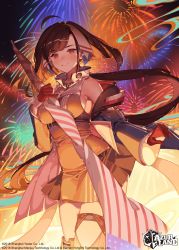 Rule 34 | 1girl, absurdres, ahoge, american flag, anchor hair ornament, azur lane, breasts, brown hair, fireworks, flag, gloves, hair ornament, hairband, half gloves, highres, independence (azur lane), jewelry, large breasts, long hair, low ponytail, official art, orange sekaii, pleated skirt, red eyes, skirt, solo, very long hair
