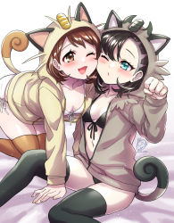 Rule 34 | 2girls, ;d, all fours, animal ears, animal hood, asymmetrical bangs, bad id, bad pixiv id, bed sheet, bikini, black bikini, black hair, black legwear, blue eyes, blush, breasts, brown eyes, brown hair, brown jacket, brown legwear, cat day, cat ears, cat hood, cat tail, cheek press, collarbone, commentary request, cosplay, creatures (company), feet out of frame, front-tie bikini top, front-tie top, galarian form, galarian meowth, galarian meowth (cosplay), game freak, gen 1 pokemon, gen 8 pokemon, gloria (pokemon), hair between eyes, highres, hood, hood up, hooded jacket, jacket, long sleeves, marnie (pokemon), meowth, meowth (cosplay), mono land, multiple girls, nintendo, one eye closed, open mouth, parted lips, paw pose, pokemon, pokemon swsh, side-tie bikini bottom, signature, small breasts, smile, swimsuit, tail, thighhighs, white bikini, yuri