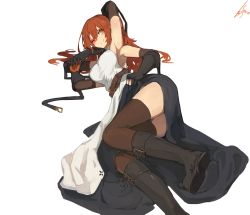 Rule 34 | 1girl, armpits, belt, black footwear, blue skirt, blush, boots, breasts, brown thighhighs, closed mouth, dress, elbow gloves, extra arms, gloves, hair between eyes, lansane, large breasts, looking at viewer, lying, on side, one eye closed, orange hair, original, quadriri (lansane), scar, signature, simple background, skirt, smile, solo, thighhighs, white background, white dress, yellow eyes