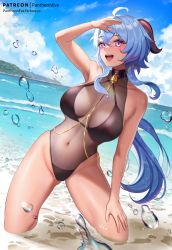 Rule 34 | 1girl, ahoge, bare shoulders, beach, bell, blue hair, blue sky, blush, breasts, ganyu (genshin impact), genshin impact, highres, horns, kneeling, large breasts, long hair, looking at viewer, ocean, one-piece swimsuit, open mouth, pantheon eve, purple eyes, sky, smile, solo, swimsuit, thighs