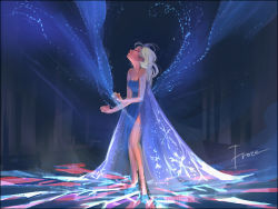 Rule 34 | 1girl, bare legs, blue dress, clenched hands, commentary, commentary request, copyright name, disney, dress, elsa (frozen), english commentary, expressionless, closed eyes, frozen (disney), full body, long dress, masso, mixed-language commentary, profile, solo, standing, white hair, wind, wind lift