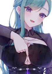 Rule 34 | 1girl, absurdres, breasts, cleavage, clothing cutout, commentary request, dot nose, earrings, green hair, highres, jewelry, large breasts, long hair, looking at viewer, mole, mole on breast, nemui 85, paizuri invitation, purple eyes, see-through, simple background, smile, solo, swept bangs, underboob cutout, virtual youtuber, vspo!, white background, yakumo beni